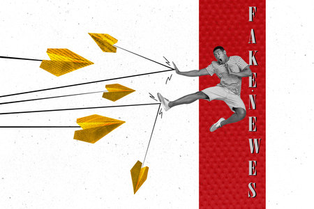Photo collage artwork minimal picture of strong guy defending propaganda arrows isolated drawing...