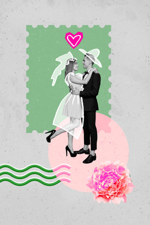 Vertical photo collage of young lovely couple student hugs together carefree dance celebrate marriage wedding day isolated on painted backgroundの写真素材