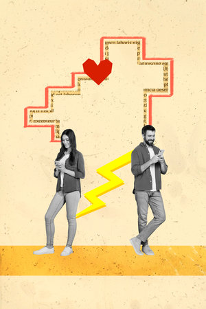Collage photo artwork advertisement online dating app remote lovely people communicate match heart...