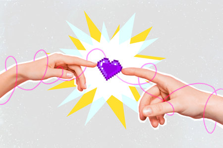 Creative picture image artwork collage photo poster of two human hands hold heart warm feelings...