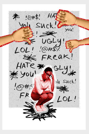 Vertical collage photo poster picture magazine of sad upset peson bad mood suffer byllying isolated...