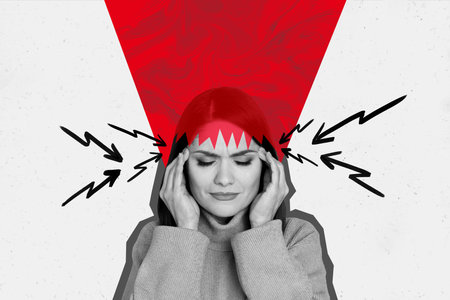 Poster magazine template collage of lady touch head suffer terrible headache pharmaceutical painkillers advert conceptの写真素材