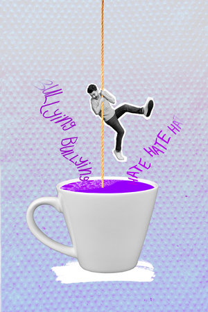 Vertical photo artwork collage of young funny nervous stressed scared man rope against huge cup...