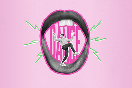 Collage artwork graphics picture of happy smiling guy having fun open lady mouth isolated painting...
