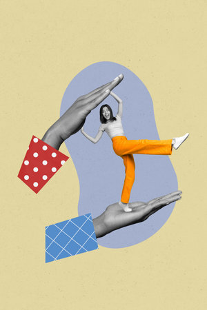 Vertical collage image of astonished mini black white colors girl stand between two huge arms palms isolated on drawing backgroundの写真素材