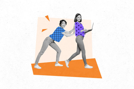 Creative photo collage 3d illustration of positive cheerful funny people person pushing colleague isolated on painting color backgroundの写真素材