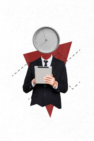 Collage minimalistic photo picture poster banner image of handsome man working early morning make money isolated on drawing backgroundの写真素材