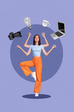 Vertical collage picture of busy peaceful girl stand one leg four arms keep balance photo camera...