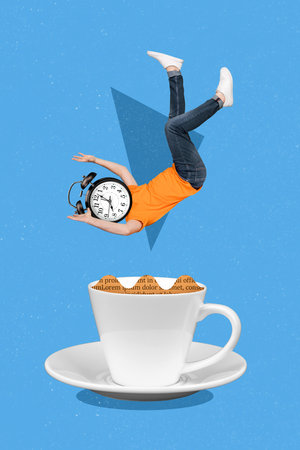 Vertical creative composite photo design of weird headless guy clock instead of head falling in cup of coffee isolated drawing backgroundの写真素材