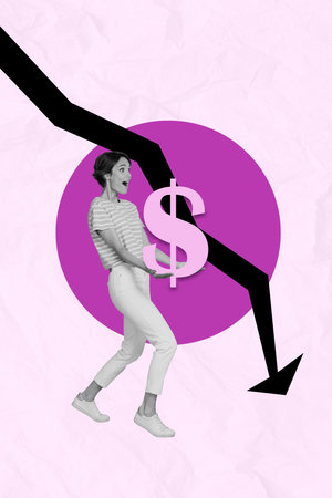 Vertical collage photo picture image poster of beautiful stressed lady lost business job work position isolated on painted backgroundの写真素材