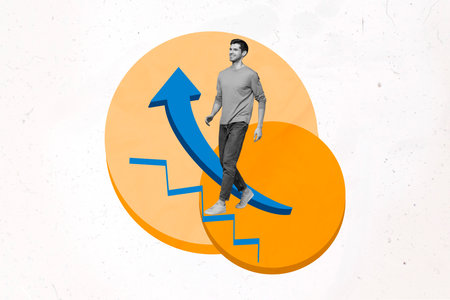 Collage template image picture poster photo of successful man go career ladder professional growth on drawing backgroundの写真素材