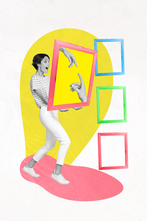Collage 3d photo picture image of funky happy surprise lady carrying big frame gift present isolated on painted backgroundの写真素材
