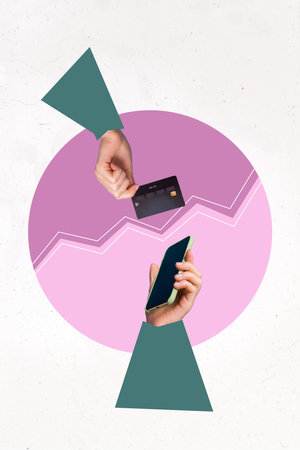 Creative abstract template graphics collage image of arms paying online modern gadget isolated...