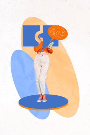 Vertical collage picture of girl use smart phone dialogue puzzle pieces instead head chatting...