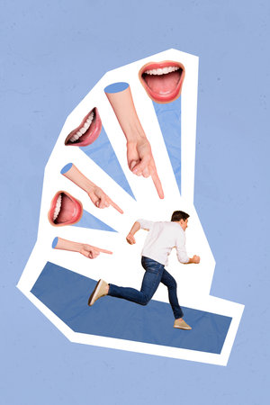 Vertical collage picture of arms point fingers big talking mouth abuse hate mini running guy isolated on painted backgroundの写真素材
