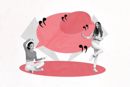 Photo sketch graphics collage artwork picture of happy smiling ladies pointing mind clouds empty...