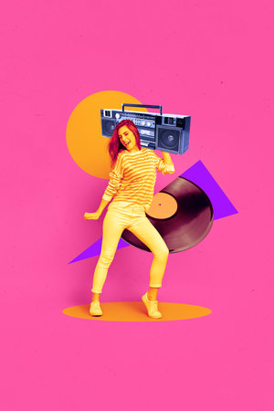 Vertical collage picture of overjoyed carefree girl carry boombox dancing big vinyl record isolated on pink backgroundの写真素材