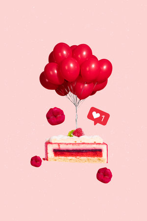 Vertical collage picture of piece cake red balloons decoration pouted lips kiss like notificationの写真素材