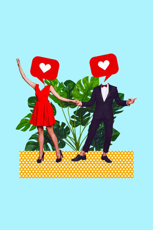 Vertical collage picture of two miniature formalwear people like notification instead head hold hands dancing big green plant leavesの写真素材