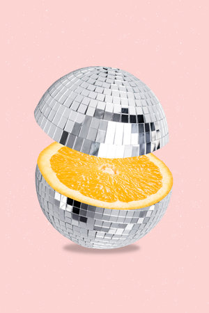 Creative artwork design collage poster fresh natural organic drink healthy beverage absurd disco ball lemon fruit isolated on pink color backgroundの写真素材