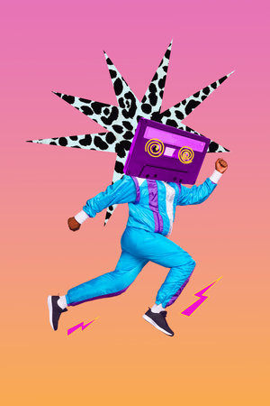 Vertical photo collage of young headless absurd athlete man running fast cassette record nostalgia...