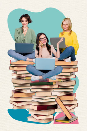 Collage photo of young business people girls online library prepare professional examination sitting...