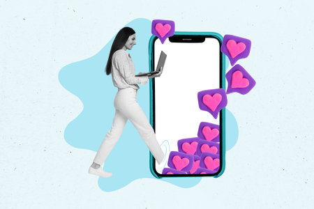 Collage artwork photo of young date online attractive girl hold netbook walk inside display phone advert internet website isolated on blue backgroundの写真素材