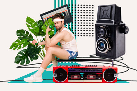 Photo artwork collage of young athlete strong sportsman exercise practicing sit boombox retro camera...