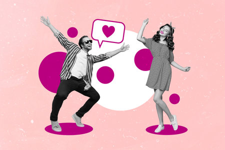 Creative photo collage banner of two young people lovers dancing together sympathy concept discotheque first meeting isolated on pink backgroundの写真素材