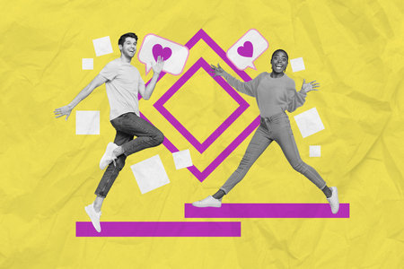 Creative collage design photo of two young people lovers enjoy spend time together jumping heart symbol anniversary isolated on yellow backgroundの写真素材