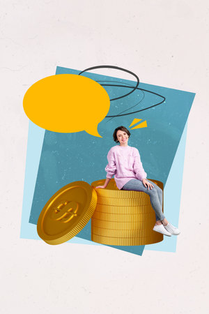 Vertical collage image of positive mini girl sitting big pile stack money coins empty space dialogue...