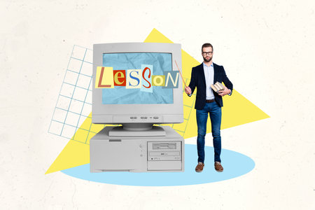 Creative collage picture of teacher man hold pointer pile stack book demonstrate big computer screen...