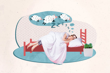 Collage photo of sleeping relaxed young woman wear sleepwear night mask soft pillow wrap duvet bedtime count sheep isolated on beige backgroundの写真素材