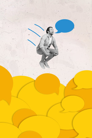Vertical collage image of overjoyed cheerful black white colors guy jump falling empty space...