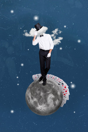 Creative photo banner collage design of young headless professional player blackjack casino man anonym stay moon space isolated on blue backgroundの写真素材
