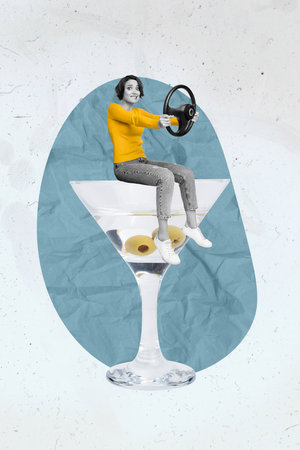 Vertical collage image of mini positive girl sitting huge martini glass hold wheel isolated on painted backgroundの写真素材