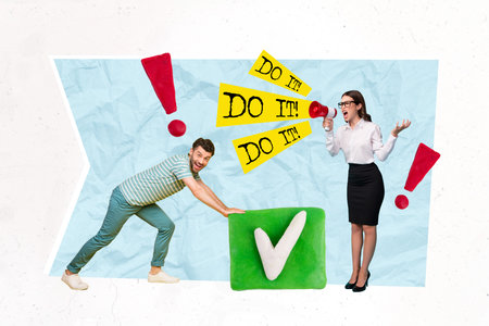 Template collage business concept of young authority woman screaming proclaim employee do his requirements tick mark isolated on blue backgroundの写真素材
