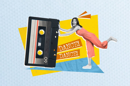 Collage photo of crazy overjoyed positive girl pushing big cassette tape meloman retro record dance...