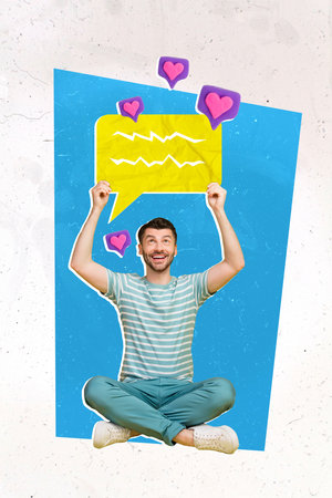 Vertical collage picture of positive guy look arms hold dialogue bubble receive like notification...