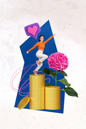 Composite creative collage photo of young sporty energetic woman jump success growth like...