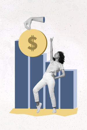 Collage artwork graphics picture of funny happy lady pointing finger big coin isolated painting backgroundの写真素材