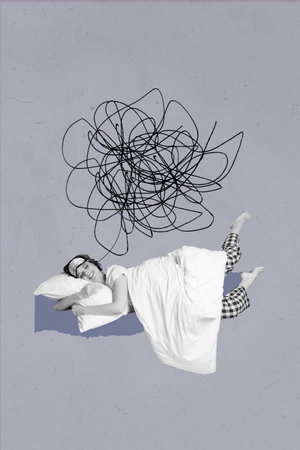 Artwork magazine collage picture of smiling happy lady sleeping watching dreams isolated drawing backgroundの写真素材