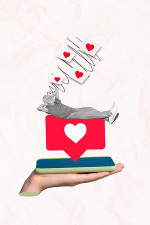 Magazine template collage image of sleepy pensioner man on huge like love heart notification dream many likesの写真素材