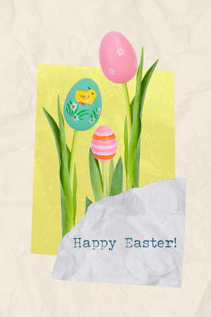 Creative surreal weird invitation collage of green plants with blossom painting easter eggs flowers...