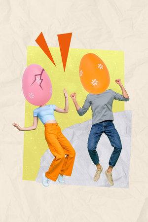 Greeting postcard collage image of two people buddies with eggs face playing crackling game celebrate easterの写真素材