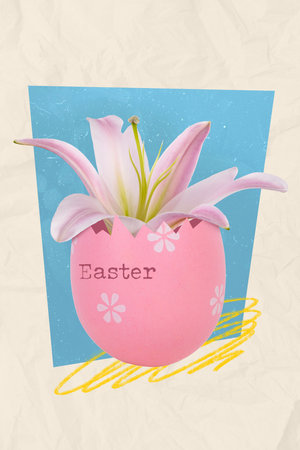 Creative postcard brochure collage of easter surprise sale decorative vase with blooming blossom...