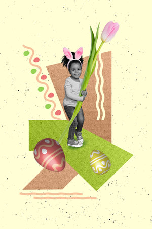 Invitation card collage of sweet pretty girl in easter bunny costume hold blooming floral tulips hunting eggsの写真素材