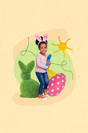Creative banner poster collage postcard of cute kid girl enjoying easter festival collect hunt...