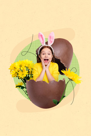 Creative postcard collage of funny kid girl easter rabbit character open birth from chocolate egg cracking shellの写真素材