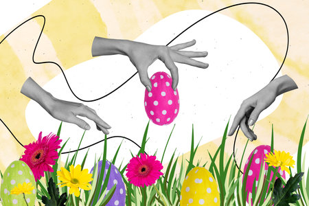 Photo collage artwork minimal picture of arms picking grass colorful easter eggs isolated drawing backgroundの写真素材